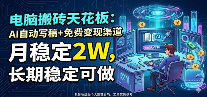 电脑搬砖天花板:AI自动写稿+免费变现渠道,月稳定2W,长期稳定可做-三零资源
