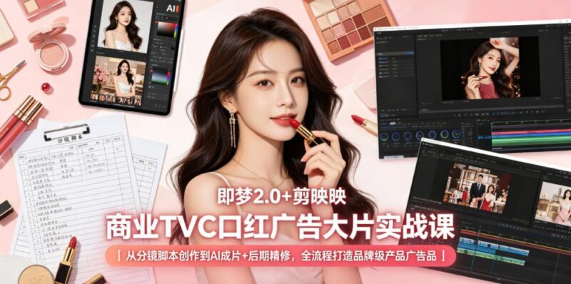 即梦2.0+剪映商业TVC口红广告大片实战课｜从分镜脚本创作到AI成片+后期精修，全流程打造品牌级产品广告-三零资源