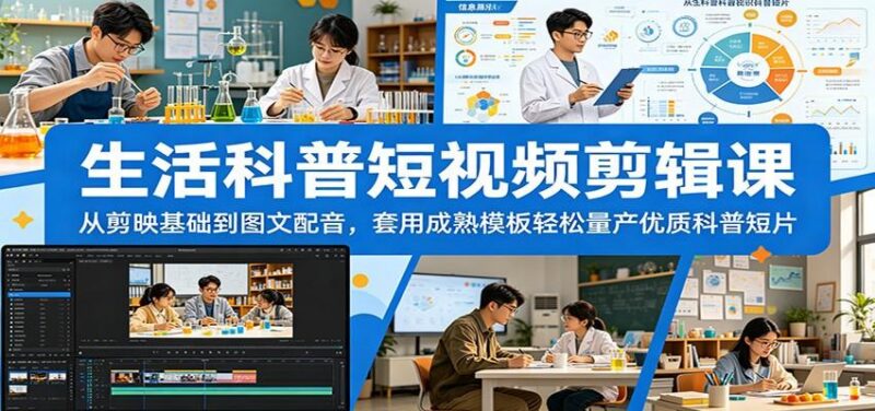 生活科普短视频剪辑课:从剪映基础到图文配音,套用成熟模板轻松量产优质科普短片-三零资源