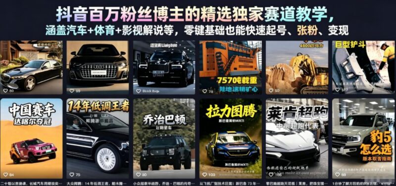 抖音百万粉丝博主的精选独家赛道教学,涵盖汽车+体育+影视解说等,零基础也能快速起号、涨粉、变现-三零资源