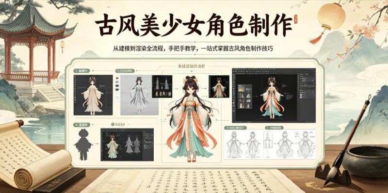古风美少女角色制作,从建模到渲染全流程,手把手教学,一站式掌握古风角色制作技巧-三零资源