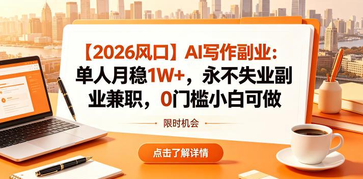 【2026风口】AI写作副业:单人月稳1W+,永不失业副业兼职,0门槛小白可做【揭秘】-三零资源