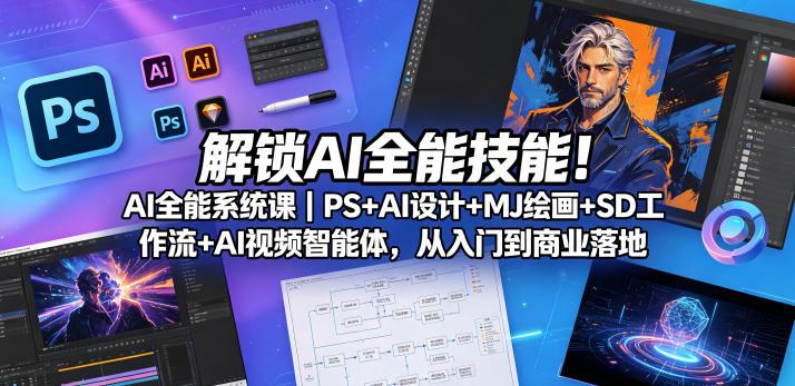 解锁AI全能技能!AI全能系统课|PS+AI设计+MJ绘画+SD工作流+AI视频智能体,从入门到商业落地-三零资源