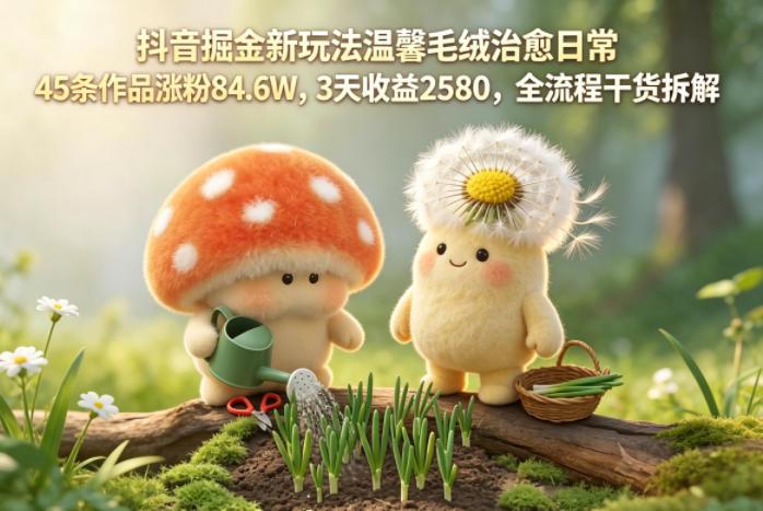 抖音掘金新玩法温馨毛绒治愈日常,45条作品涨粉84.6W,3天收益2580,全流程干货拆解-三零资源