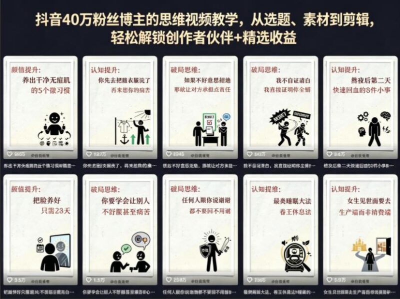 抖音40W粉丝博主的思维视频教学,从选题、素材到剪辑,轻松解锁创作者伙伴+精选收益-三零资源