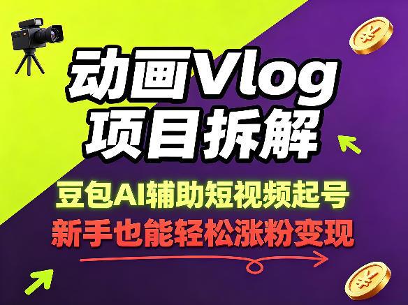动画Vlog项目拆解，豆包AI辅助短视频起号，新手也能轻松涨粉，43条作品涨粉8.3W-三零资源
