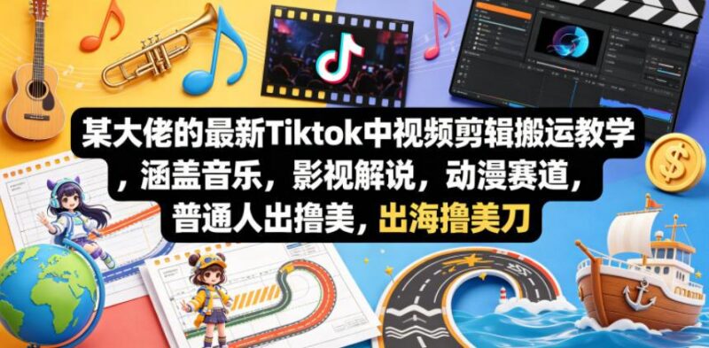 某大佬的最新Tiktok中视频剪辑搬运教学,涵盖音乐,影视解说,动漫赛道,普通人出海撸美刀-三零资源