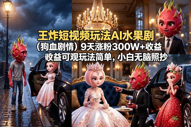 王炸短视频玩法AI水果剧（狗血剧情）9天涨粉300W+收益可观玩法简单，小白无脑照抄，详细拆解玩法-三零资源