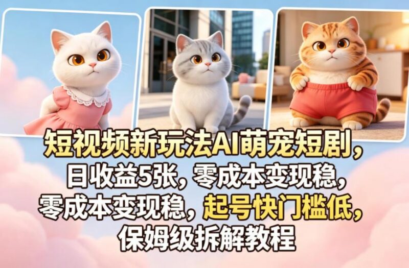 短视频新玩法AI萌宠短剧,日收益5张,零成本变现稳,起号快门槛低,保姆级拆解教程-三零资源