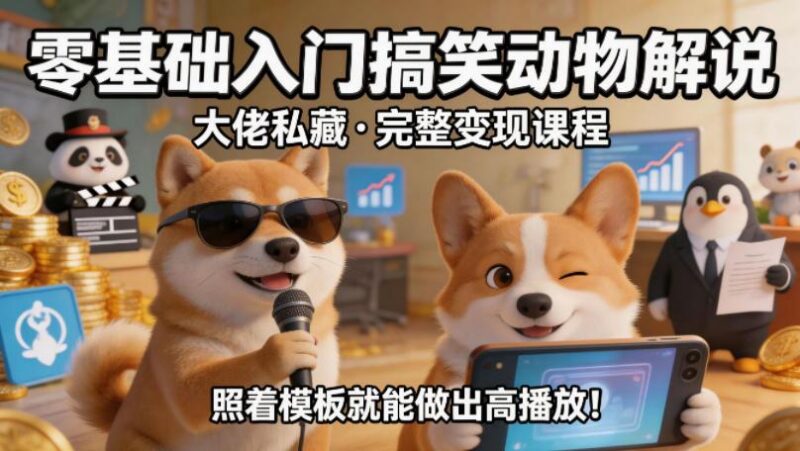 零基础入门搞笑动物解说,大佬私藏完整变现课程,照着模板就能做出高播放-三零资源