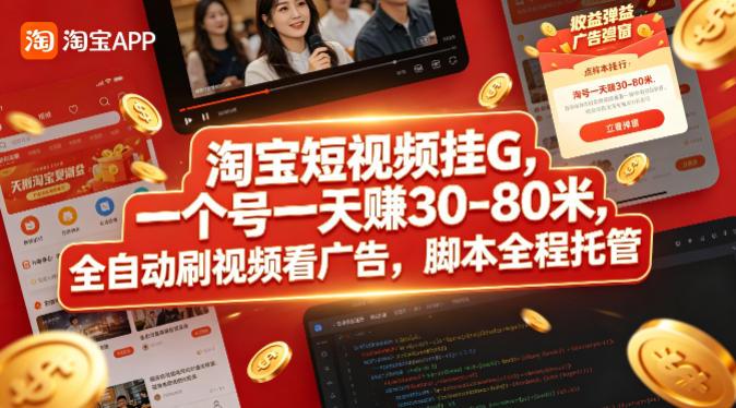 淘宝短视频挂G,一个号一天 賺30-80米,全自动刷视频看广告,脚本全程托管【揭秘】-三零资源