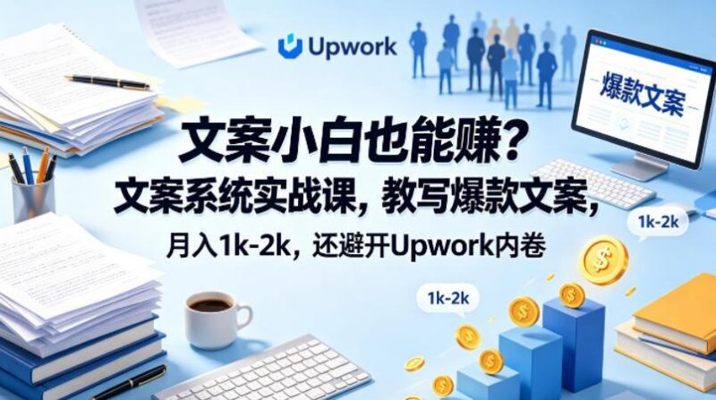 文案小白也能賺?文案系统实战课,教写爆款文案,月入1k-2k,还避开Upwork内卷【原创双语字幕】-三零资源