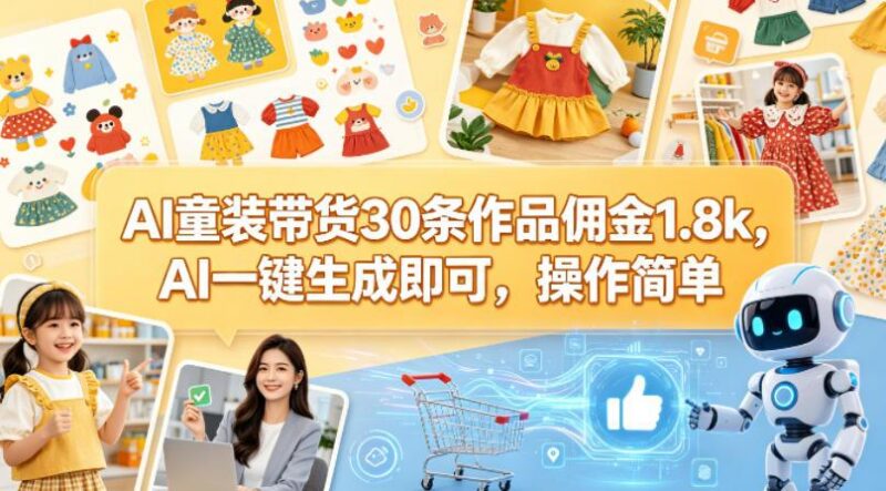 AI童装带货30条作品佣金1.8k，AI一键生成即可，操作简单-三零资源