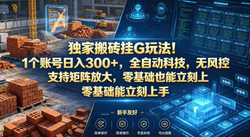 独家搬砖挂G玩法!1个账号日入300+,全自动科技,无风控支持矩阵放大,零基础也能立刻上手【揭秘】-三零资源