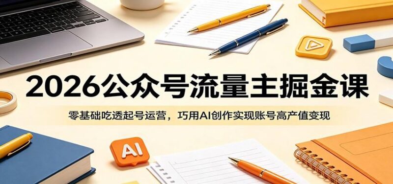 2026公众号流量主掘金课:零基础吃透起号运营,巧用AI创作实现账号高产值变现-三零资源