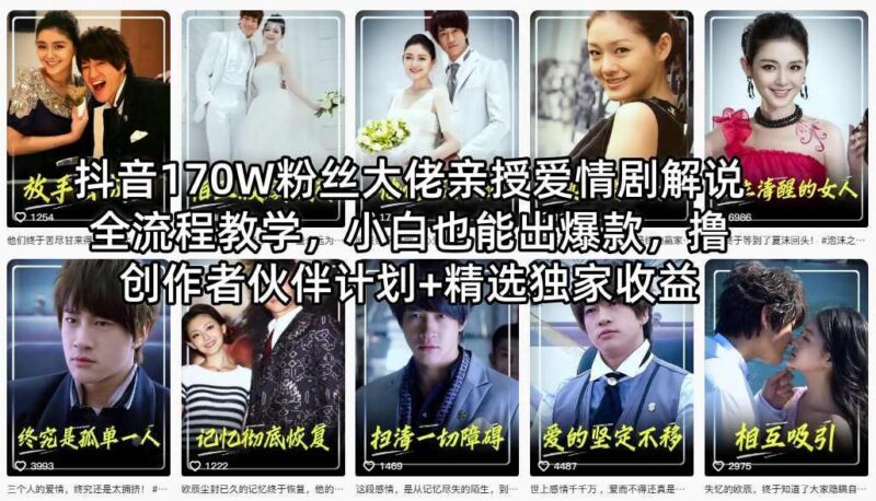 抖音170W粉丝大佬亲授爱情剧解说全流程教学，小白也能出爆款，撸创作者伙伴计划+精选独家收益-三零资源