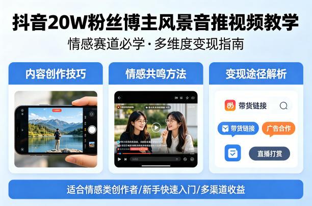 抖音20W粉丝博主风景音推视频教学,情感赛道必学,各种变现途径-三零资源