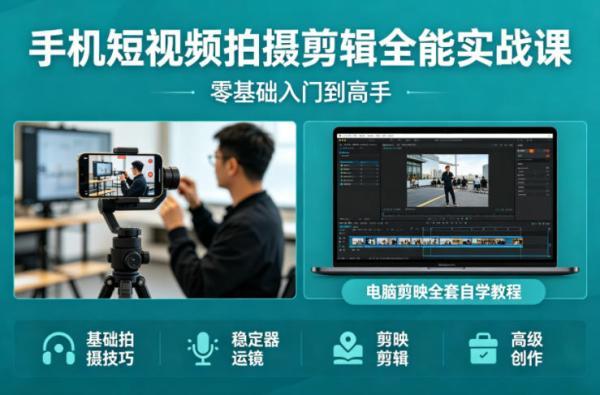 手机短视频拍摄剪辑全能实战课:零基础入门到高手,稳定器运镜+电脑剪映全套自学教程-三零资源
