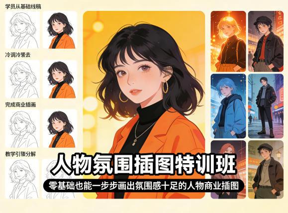 人物氛围插图特训班,零基础也能一步步画出氛围感十足的人物商业插图-三零资源