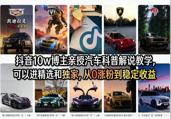 抖音10w博主亲授汽车科普解说教学,可以进精选和独家,从0涨粉到稳定收益(详细视频课程+1T素材)-三零资源