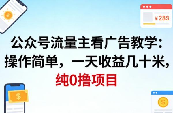公众号流量主看广告撸收益，操作简单，一天收益几十米，纯0撸项目-三零资源
