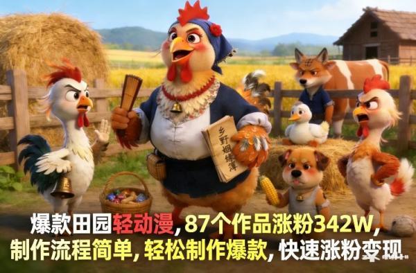 爆款田园轻动漫,87个作品涨粉342W,制作流程简单,轻松制作爆款,快速涨粉变现-三零资源