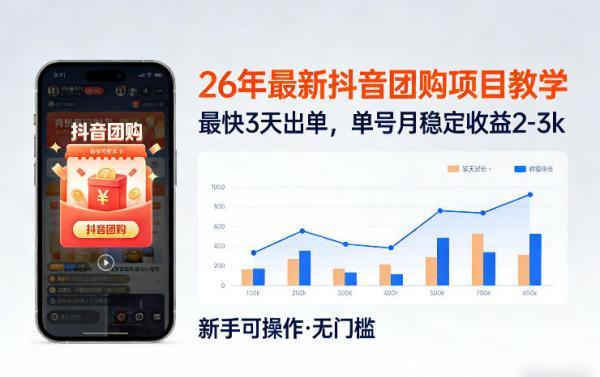26年最新抖音团购项目教学,0门槛,最快3天出单,单号月稳定收益2-3k(更新3月19日)-三零资源