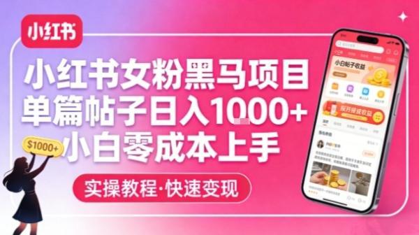 小红书女粉黑马项目，单篇帖子日入1k+，小白零成本上手-三零资源