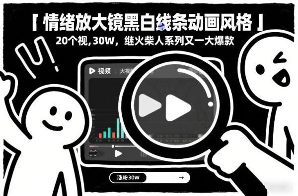 情绪放大镜黑白线条动画风格,20个视频,涨粉30W,继火柴人系列又一大爆款-三零资源