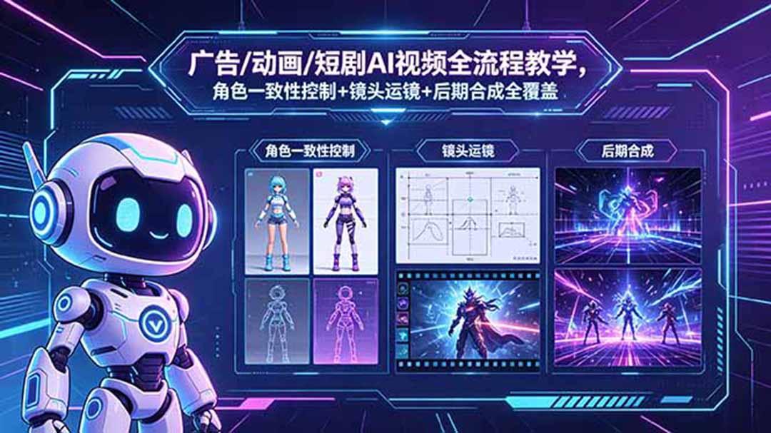 广告/动画/短剧AI视频全流程教学,角色一致性控制+镜头运镜+后期合成全覆盖