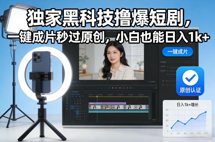 独家黑科技撸爆短剧，一键成片秒过原创，小白也能日入1k+【揭秘】-三零资源