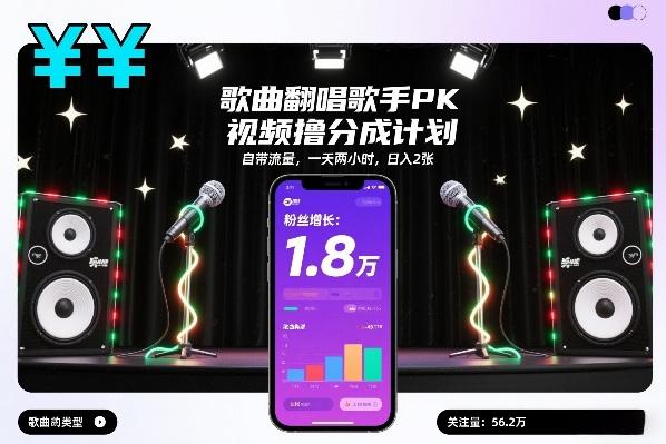 歌曲翻唱歌手PK视频撸分成计划,自带流量,一天两小时,日入2张-三零资源