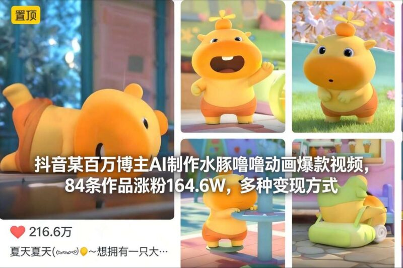 抖音某百万博主AI制作水豚噜噜动画爆款视频,84条作品涨粉164.6W,多种变现方式-三零资源