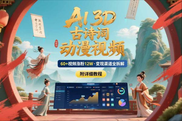 AI制作3D古诗词动漫视频，60多个视频涨粉12W，多个变现渠道拆解【附详细教程】-三零资源