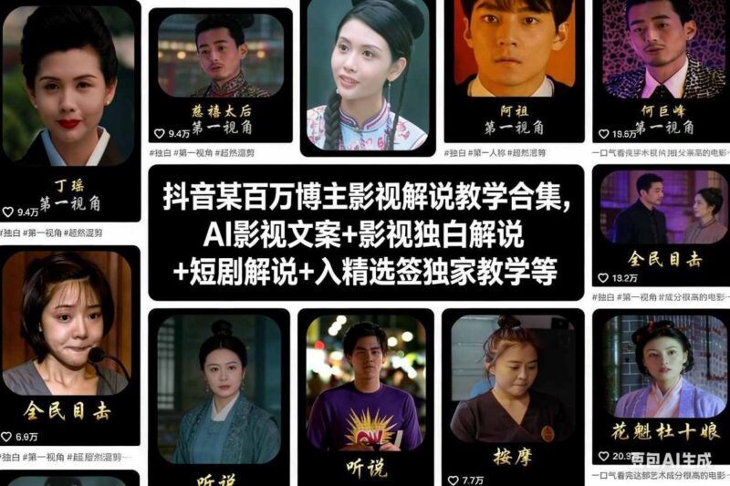 抖音某百万博主影视解说教学合集,AI影视文案+影视独白解说+短剧解说+入精选签独家教学等-三零资源
