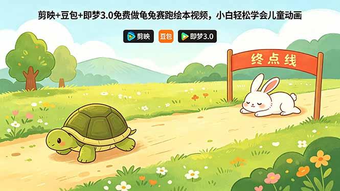 剪映+豆包+即梦3.0免费做龟兔赛跑绘本视频,小白轻松学会儿童动画-三零资源