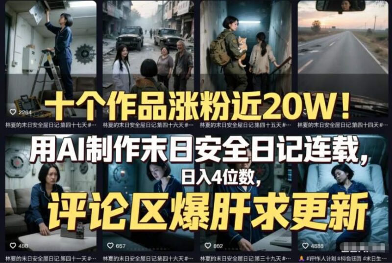 十个作品涨粉近20W!用AI制作末日安全日记连载,日入4位数,评论区爆肝求更新(附详细步骤)-三零资源