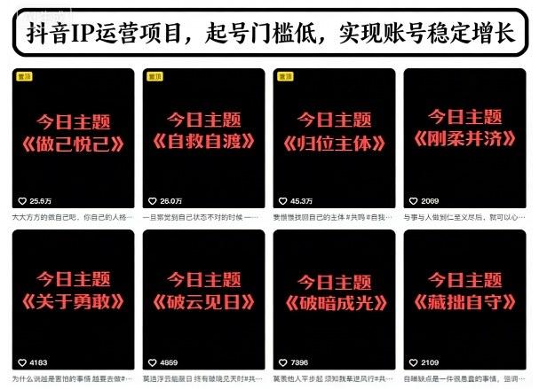 抖音IP运营项目,抖音今日主题玩法,起号门槛低,实现账号稳定增长-三零资源