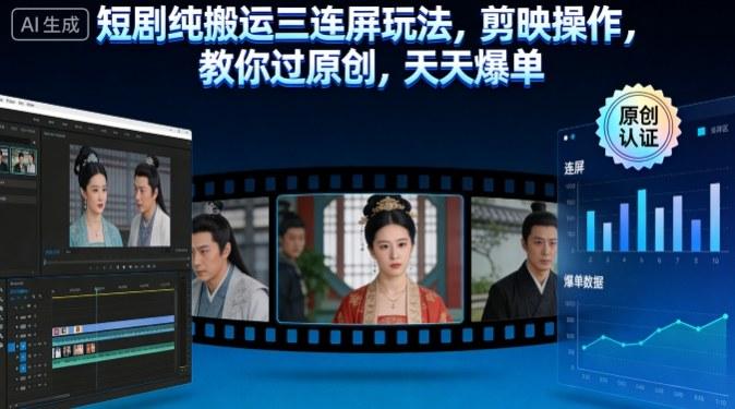 短剧纯搬运三连屏玩法,剪映操作,教你过原创,天天爆单-三零资源