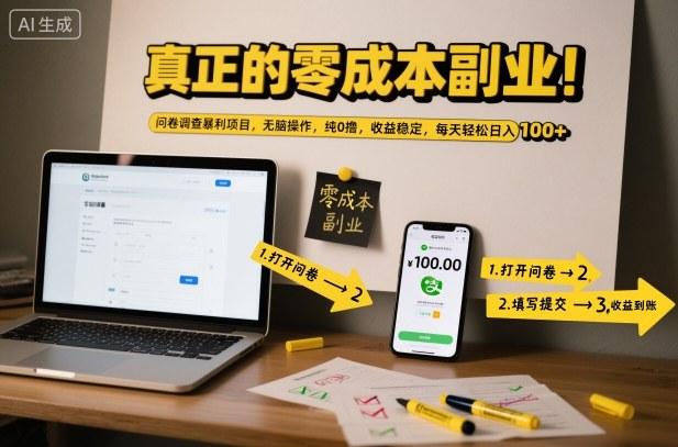 真正的零成本副业！问卷调查暴利项目，无脑操作，纯0撸，收益稳定，每天轻松日入100+【揭秘】-三零资源