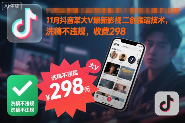 11月抖音某大V最新影视二创搬运技术,洗稿不违规,收费298-三零资源