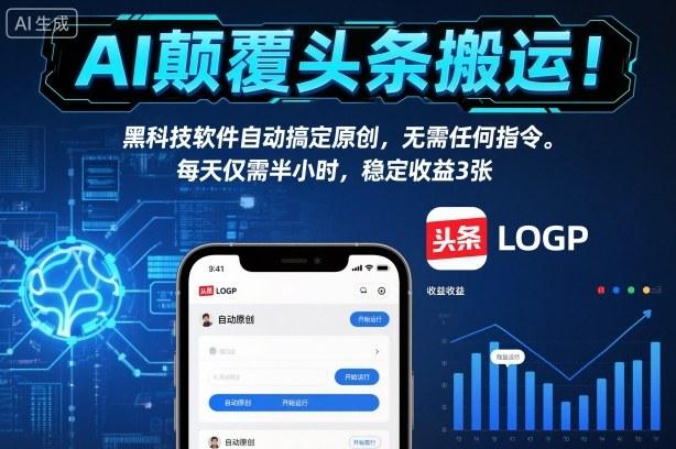 AI颠覆头条搬运!黑科技软件自动搞定原创,无需任何指令。每天仅需半小时,稳定收益3张【揭秘】-三零资源