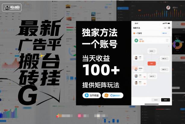 最新广告平台搬砖挂G,独家方法,一个账号,当天收益100+,提供矩阵玩法【揭秘】-三零资源
