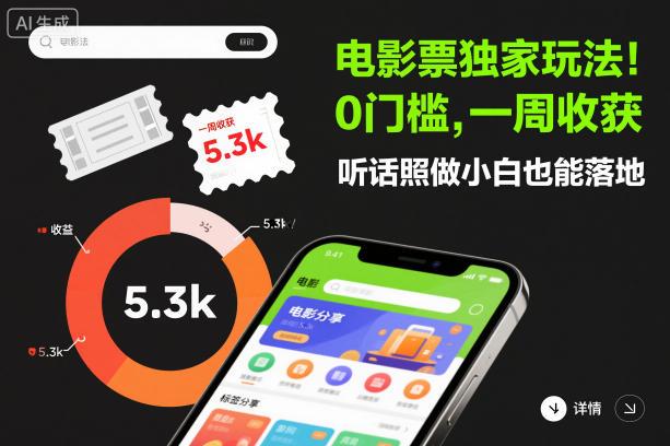 电影票独家玩法！0门槛，一周收获5.3k，听话照做小白也能落地【揭秘】-三零资源