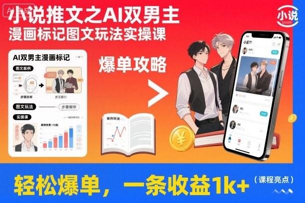 小说推文之AI双男主漫画标记图文玩法实操课,轻松爆单,一条收益1k+-三零资源