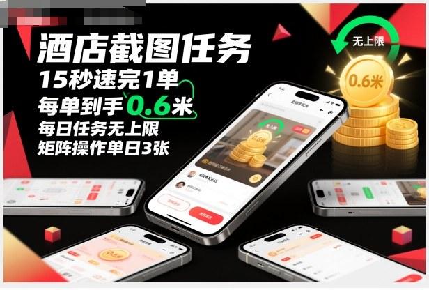酒店截图任务,15秒速完1单,每单到手0.6米,每日任务无上限,全网首发玩法,矩阵操作单日3张【揭秘】-三零资源