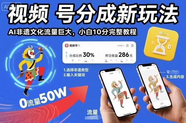 视频号分成新玩法,AI非遗文化流量巨大,小白10分钟搞定,完整教程-三零资源