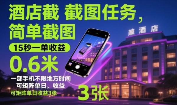 酒店截图任务,简单截图,15秒一单收益0.6米,一部手机不限地方时间,可矩阵单日收益3张【揭秘】-三零资源