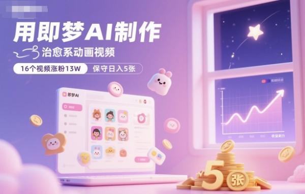 用即梦AI制作治愈系动画视频,16个视频涨粉13W,保守日入5张-三零资源