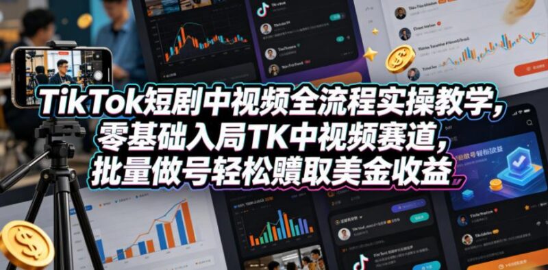 TikTok短剧中视频全流程实操教学,零基础入局TK中视频赛道,批量做号轻松賺取美金收益-三零资源